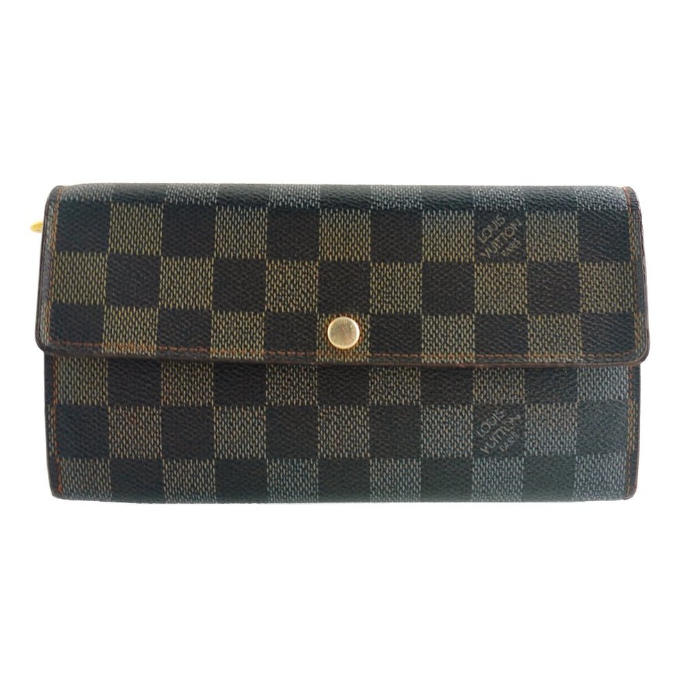 Authentic LOUIS VUITTON Damier Ebene Canvas Leather Sarah Long Checkbook Wallet